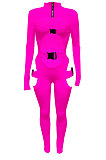 Neon Green Women Sexy Club Wear Buckle Pure Color Zipper Bodycon Jumpsuits Q955-6