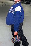 Black Casual Webbing Spliced Letter Print Long Sleeve Cardigan Baseball Jacket HG138-4