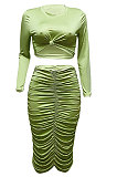 Green Euramerican Women Autumn Bodycon Tops Solid Color Ruffle Hip Sexy Skirts Sets Q960-5