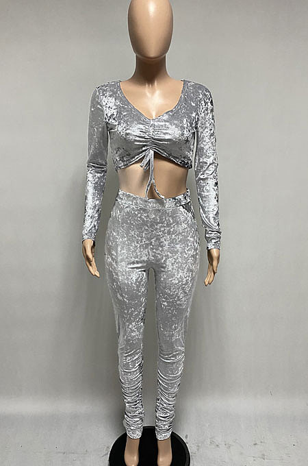 Light Blue Women Korea Velvet Ruffle Drawsting Sexy V Collar Pure Color Crop Pants Sets XQ1147-7