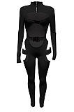 Black Women Sexy Club Wear Buckle Pure Color Zipper Bodycon Jumpsuits Q955-1