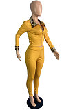 Blue Cotton Blend Casual Long Sleeve Lapel Neck Zipper Tops Capris Pants Sport Sets MK061-1