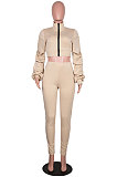 Apricot Autumn Winter Newest Ruffle Sleeve Zip Front Crop Tops Pencil Pants Sport Sets MD445-2