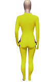Orange Women Sexy Club Wear Buckle Pure Color Zipper Bodycon Jumpsuits Q955-4