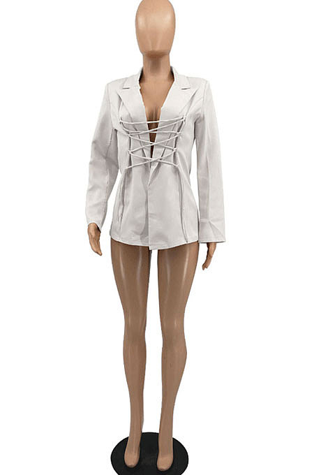 Cream Fashion Simple Long Sleeve Lapel Neck Bandage Suits Coat MTY6589-1