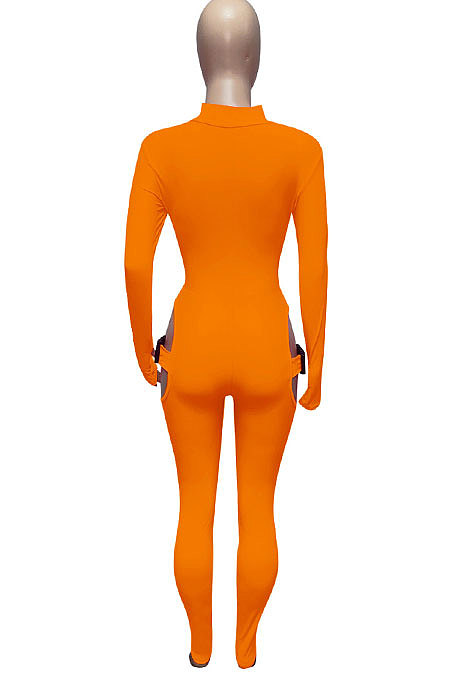 Rose Red Women Sexy Club Wear Buckle Pure Color Zipper Bodycon Jumpsuits Q955-5