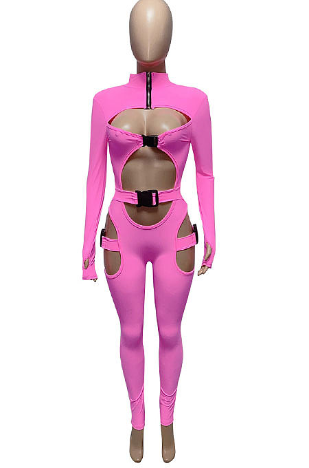 Rose Red Women Sexy Club Wear Buckle Pure Color Zipper Bodycon Jumpsuits Q955-5