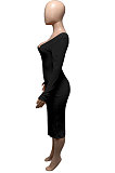 Pink Euramerican Women Autumn Winter V Collar Off Shoulder Solid Color Ribber Bodycon Sexy Long Dress Q951-3