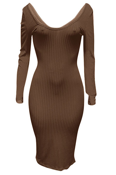 Light Blue Euramerican Women Autumn Winter V Collar Off Shoulder Solid Color Ribber Bodycon Sexy Long Dress Q951-6