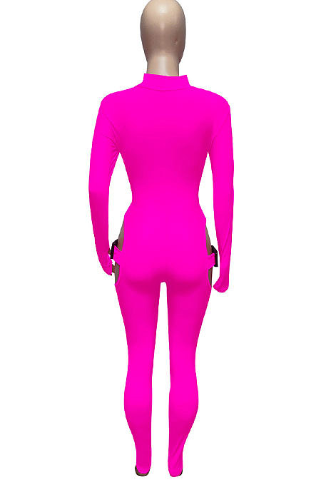 Black Women Sexy Club Wear Buckle Pure Color Zipper Bodycon Jumpsuits Q955-1