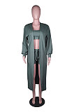 Army Green Autumn Winter Ribber Long Sleeve Cardigan Coat+Tank Shorts Three Piece N9303-3