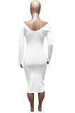Light Blue Euramerican Women Autumn Winter V Collar Off Shoulder Solid Color Ribber Bodycon Sexy Long Dress Q951-6