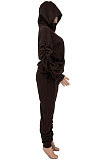 Black Casual Sport Long Sleeve Pocket Hoodie Sweat Pants Ruffle Solid Color Sets HG139-1