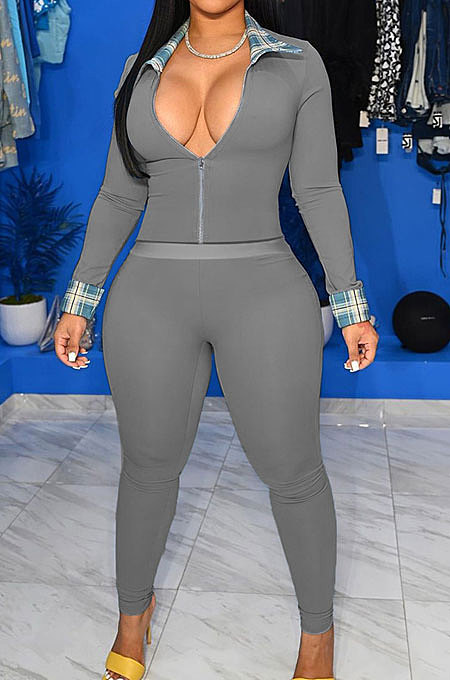 Gray Cotton Blend Casual Long Sleeve Lapel Neck Zipper Tops Capris Pants Sport Sets MK061-3