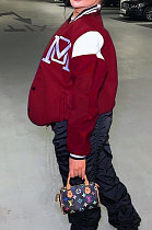 Wine Red Casual Webbing Spliced Letter Print Long Sleeve Cardigan Baseball Jacket HG138-2