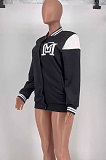 Brown Casual Webbing Spliced Letter Print Long Sleeve Cardigan Baseball Jacket HG138-1