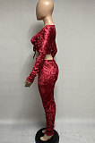 Gray Women Korea Velvet Ruffle Drawsting Sexy V Collar Pure Color Crop Pants Sets XQ1147-2