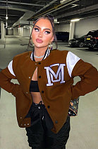 Brown Casual Webbing Spliced Letter Print Long Sleeve Cardigan Baseball Jacket HG138-1