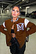 Brown Casual Webbing Spliced Letter Print Long Sleeve Cardigan Baseball Jacket HG138-1