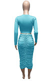Green Euramerican Women Autumn Bodycon Tops Solid Color Ruffle Hip Sexy Skirts Sets Q960-5