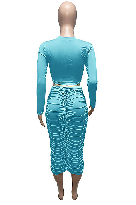 Green Euramerican Women Autumn Bodycon Tops Solid Color Ruffle Hip Sexy Skirts Sets Q960-5