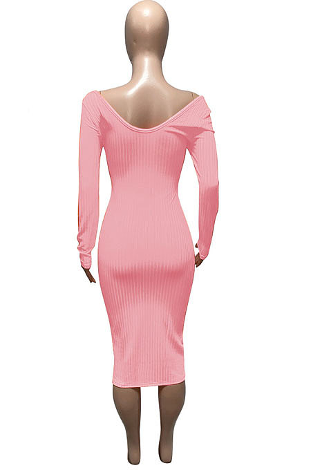 Orange Euramerican Women Autumn Winter V Collar Off Shoulder Solid Color Ribber Bodycon Sexy Long Dress Q951-4