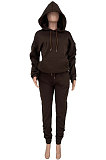 Black Casual Sport Long Sleeve Pocket Hoodie Sweat Pants Ruffle Solid Color Sets HG139-1