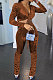 Brown Women Korea Velvet Ruffle Drawsting Sexy V Collar Pure Color Crop Pants Sets XQ1147-6