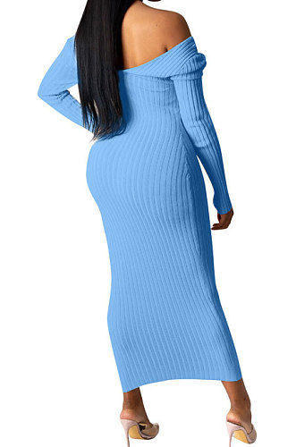 Light Blue Euramerican Women Autumn Winter V Collar Off Shoulder Solid Color Ribber Bodycon Sexy Long Dress Q951-6