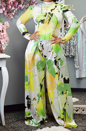Red Women Autumn Winter Long Sleeve T Shirts Wide Leg Pants Printing Pants Sets RMH8944-3