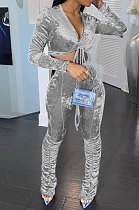 Gray Women Korea Velvet Ruffle Drawsting Sexy V Collar Pure Color Crop Pants Sets XQ1147-2