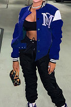 Dark Blue Casual Webbing Spliced Letter Print Long Sleeve Cardigan Baseball Jacket HG138-3