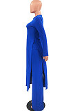 Pink Cottton Blend Round Neck Loose Slit Long T-Shirts Wide Leg Pants Solid Color Sets OH8090-1