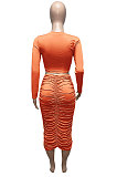 Light Blue Euramerican Women Autumn Bodycon Tops Solid Color Ruffle Hip Sexy Skirts Sets Q960-4
