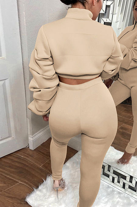 Yellow Autumn Winter Newest Ruffle Sleeve Zip Front Crop Tops Pencil Pants Sport Sets MD445-1
