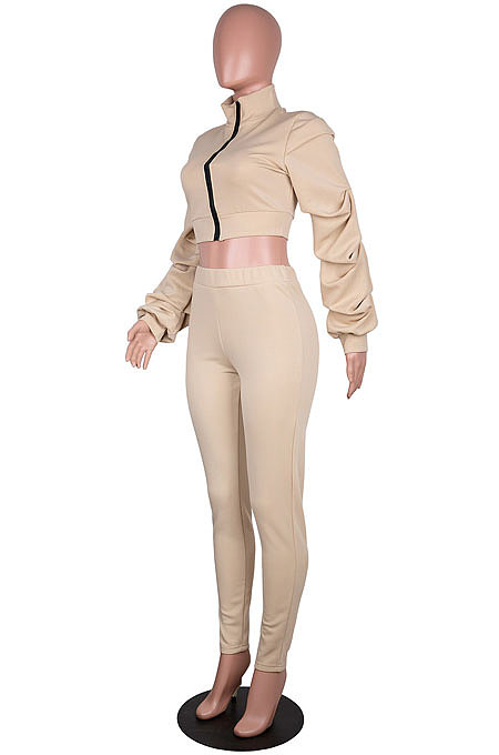 Red Autumn Winter Newest Ruffle Sleeve Zip Front Crop Tops Pencil Pants Sport Sets MD445-3