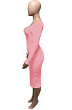 Pink Euramerican Women Autumn Winter V Collar Off Shoulder Solid Color Ribber Bodycon Sexy Long Dress Q951-3