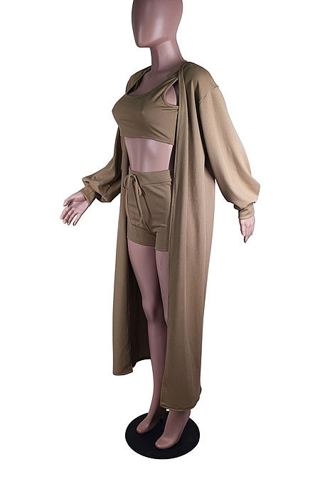 Sky Blue Autumn Winter Ribber Long Sleeve Cardigan Coat+Tank Shorts Three Piece N9303-1