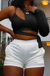 Black Personality Pure Color Single Sleeve Side Bandage Bodycon T-Shirts KY3098-1