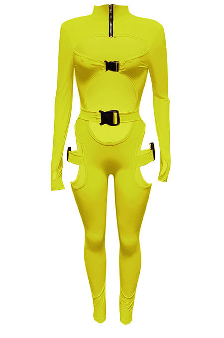 Rose Red Women Sexy Club Wear Buckle Pure Color Zipper Bodycon Jumpsuits Q955-5
