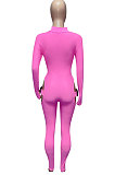 Neon Green Women Sexy Club Wear Buckle Pure Color Zipper Bodycon Jumpsuits Q955-6