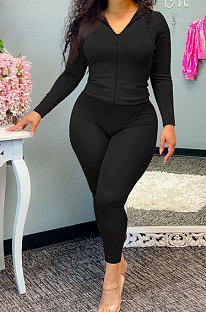 Black Wholesale Casual Long Sleeve Zip Front Hooded Coat Pencil Pants Sport Sets OH8091-2
