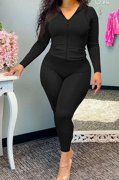 Black Wholesale Casual Long Sleeve Zip Front Hooded Coat Pencil Pants Sport Sets OH8091-2