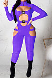 Rose Red Women Sexy Club Wear Buckle Pure Color Zipper Bodycon Jumpsuits Q955-5