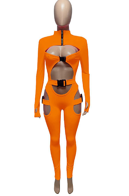 Orange Women Sexy Club Wear Buckle Pure Color Zipper Bodycon Jumpsuits Q955-4