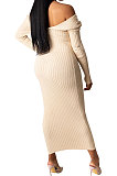 White Euramerican Women Autumn Winter V Collar Off Shoulder Solid Color Ribber Bodycon Sexy Long Dress Q951-1