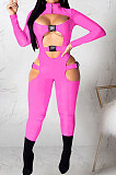 Rose Red Women Sexy Club Wear Buckle Pure Color Zipper Bodycon Jumpsuits Q955-5