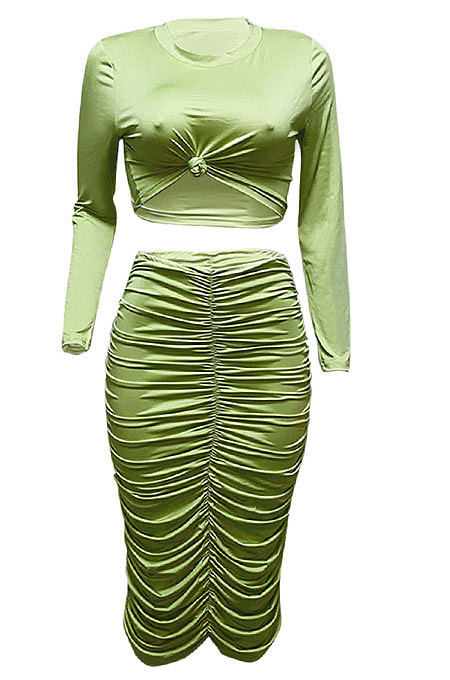 Light Blue Euramerican Women Autumn Bodycon Tops Solid Color Ruffle Hip Sexy Skirts Sets Q960-4