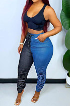 Blue Black Casual Spliced Drawsting Ruffle Jean Pants N9302