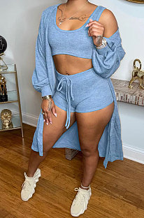 Sky Blue Autumn Winter Ribber Long Sleeve Cardigan Coat+Tank Shorts Three Piece N9303-1
